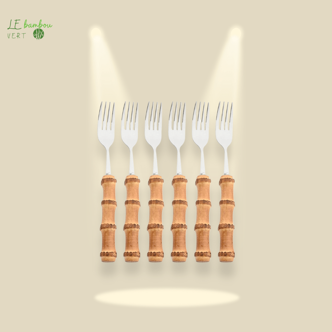 Fourchettes en bambou et en acier inoxydable 6pcs argenté