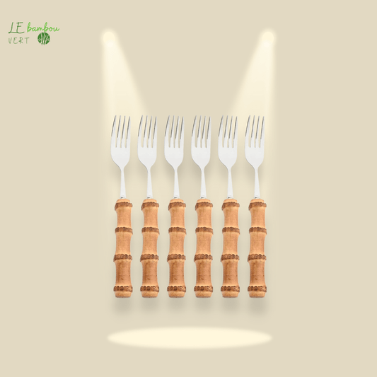 Fourchettes en bambou et en acier inoxydable 6pcs argenté