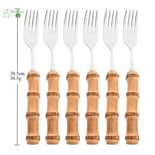 Fourchettes en bambou et en acier inoxydable 6pcs argenté